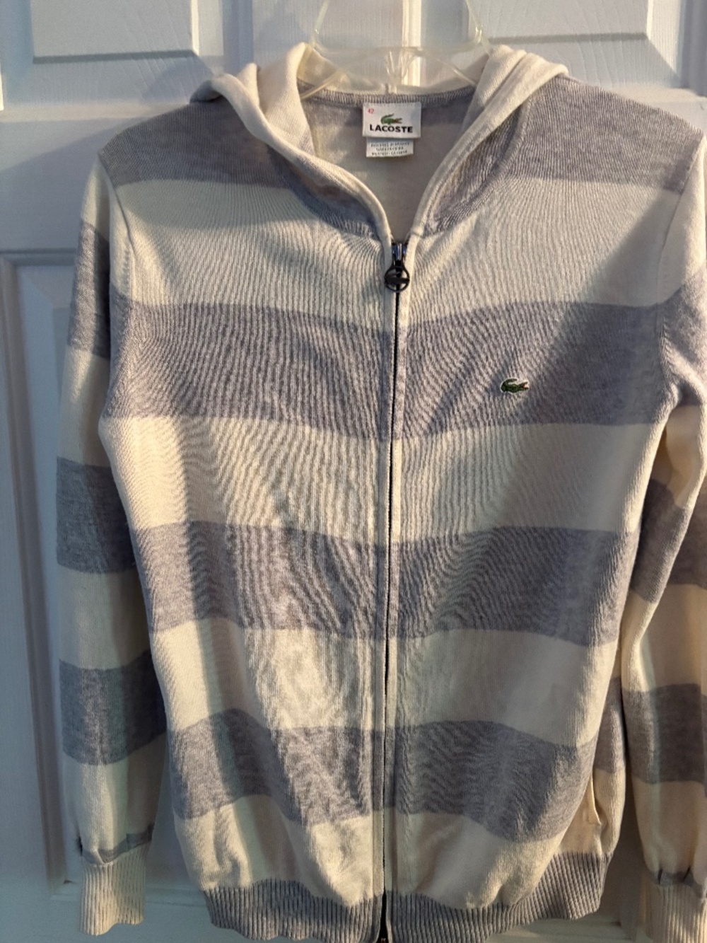 Lacoste Grey & White Long Sleeve Hooded Sweater w/Pockets Size 42